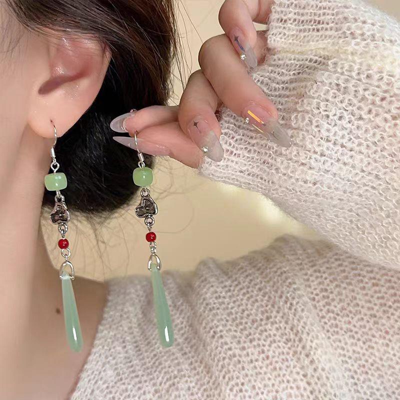 Retro Hollow Out Lotus Jade Ancient Earrings Chinese Style Earrings Women Ear Drop Ear Accessories