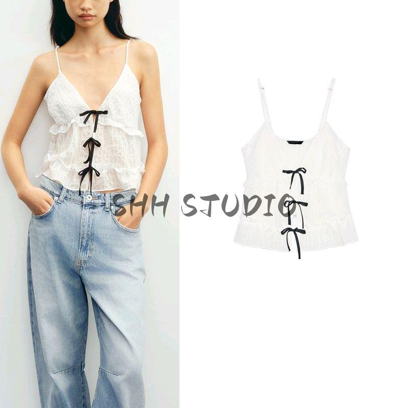 Summer New Product Women's Clothes Ins Style Laminated Decoration Cute Contrast Color Bowknot Decoration Sling Tops 3666112