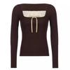 Y2k Women's Long Sleeve Knitted Tops Lace Stitching Neckline Knitwear Bowknot Decoration Slim-Fit Tshirt Pullovers Clubwear