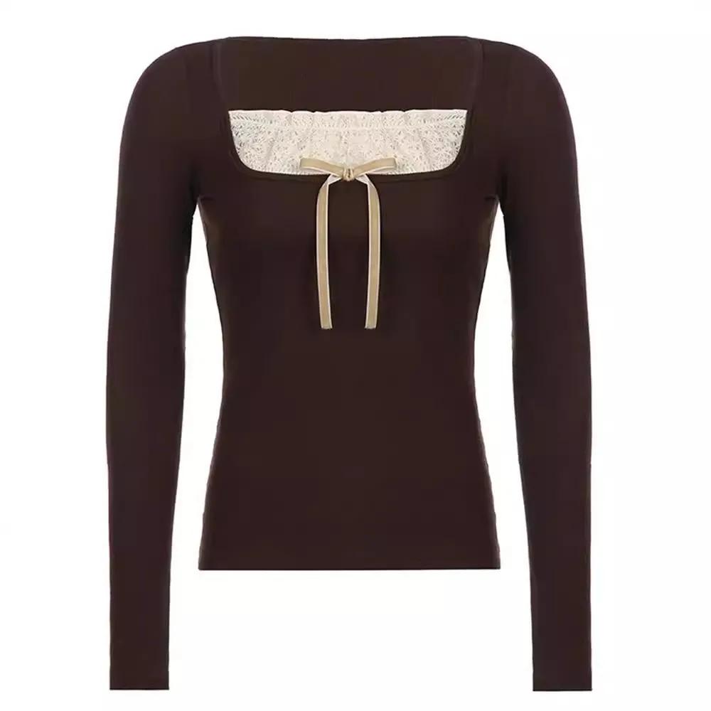 Y2k Women's Long Sleeve Knitted Tops Lace Stitching Neckline Knitwear Bowknot Decoration Slim-Fit Tshirt Pullovers Clubwear