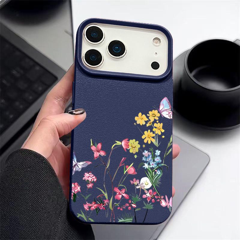 Mini Blossom Print Protective Soft TPU Leather Texture Cover For iPhone 17 Pro Max Air 16e 15 14 13 Shockproof Case