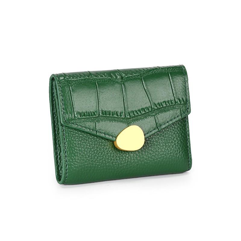 Настоящая кожа Короткий маленький кошелек Женский Коровья кожа Аллигаторовый узор Трехстворчатый Многокарточный Корейский Мягкий 9x11x2cm зелёный