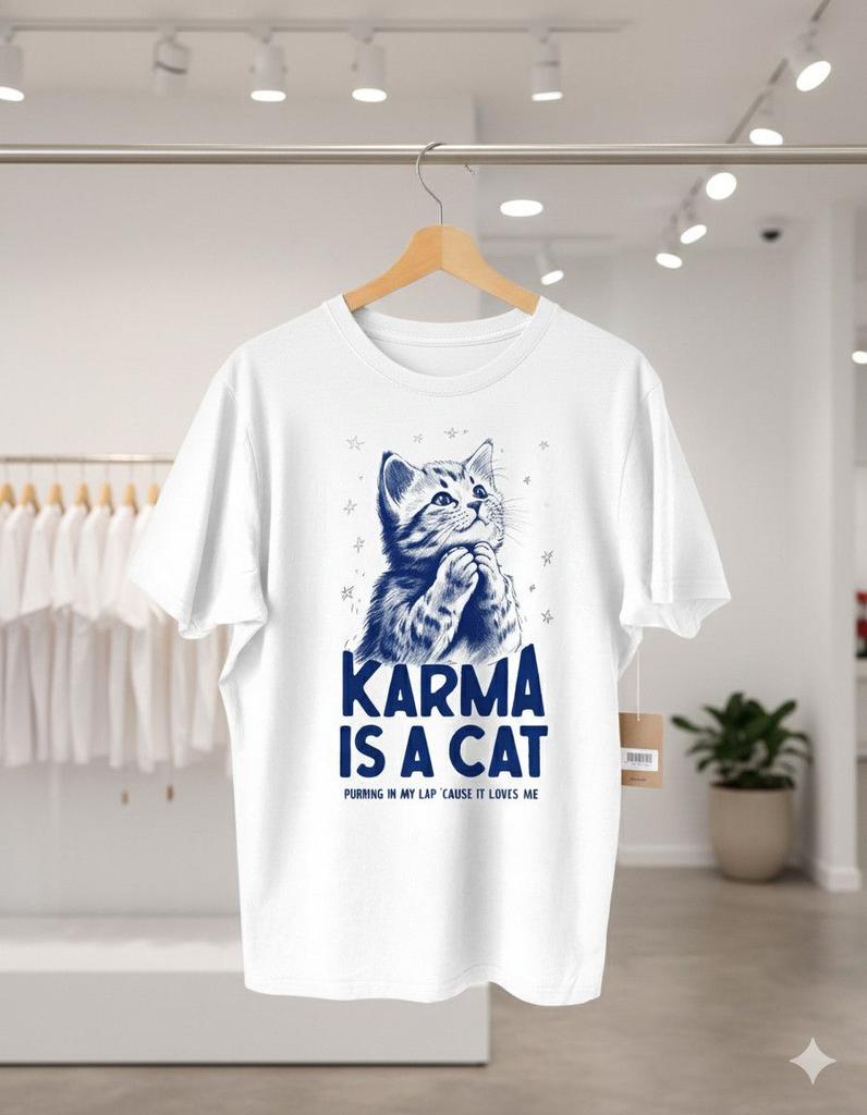 Unisex shirt Cotton Oversize Large Size Karma Is a Cat Funny Cat Lover Graphic  White  Tee - S338