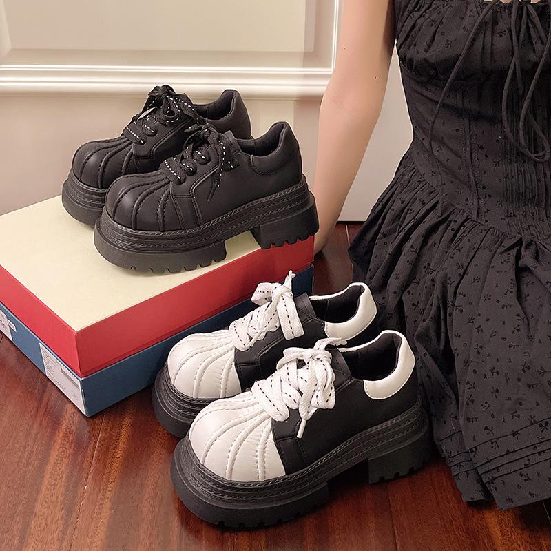British style thick soled shell toe loafers for women's spring/summer new fashion short lace up women's singles shoes