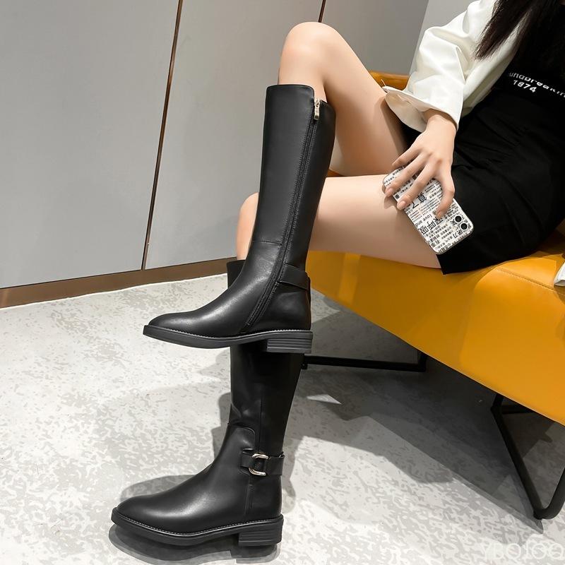 Outono inverno novo salto grosso zíper lateral cano longo botas femininas tamanho grande simples moderno versátil botas femininas