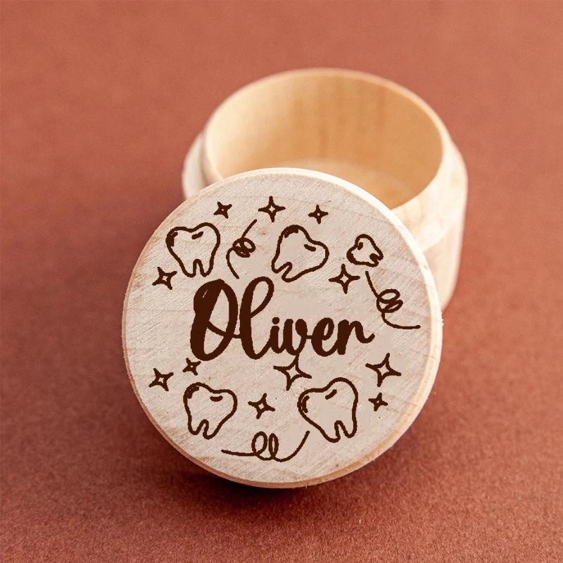 1PCS Free Personalized Tooth Fairy Wooden Box Round Tooth Fairy Holder Birthday Gift for Girls Boys Name Milk Tooth And Curl Box