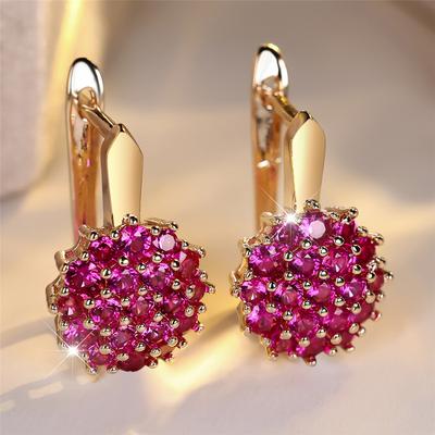 Rose Red Crystal Round Zircon Sunflower Hoop Earrings For Women Rose Gold  Color Wedding Flower Jewelry Engagement Gift