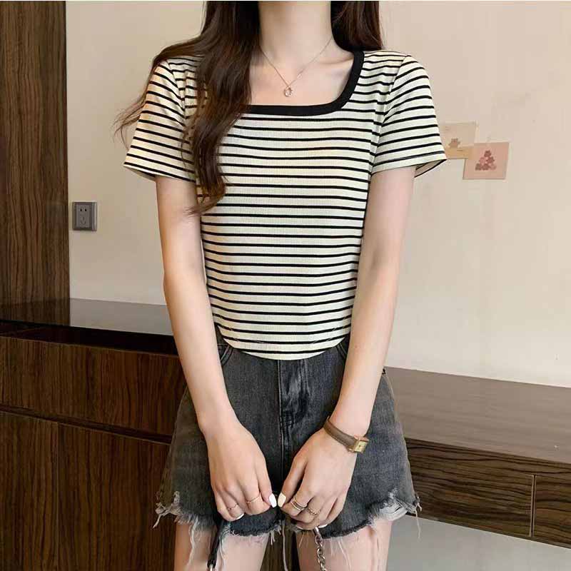 Tricou cu mânecă scurtă coreeană cu decolteu în U Cămașă ocazională de modă Topuri Tricou pentru femei Tricou cu dungi de culoare solidă