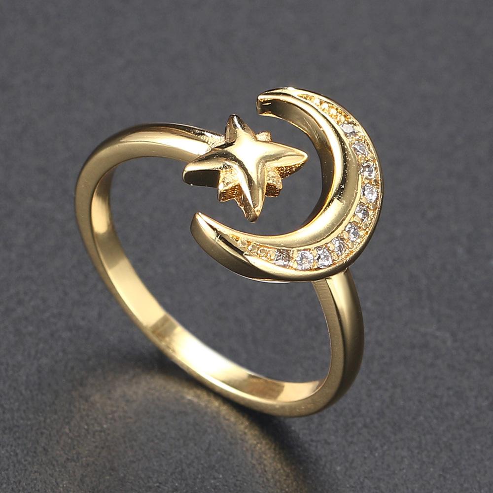 Star Moon Ring for Women Adjustable Micro Inlaid Zircon Gold Open Finger Accessories Female Jewelry Gift R605