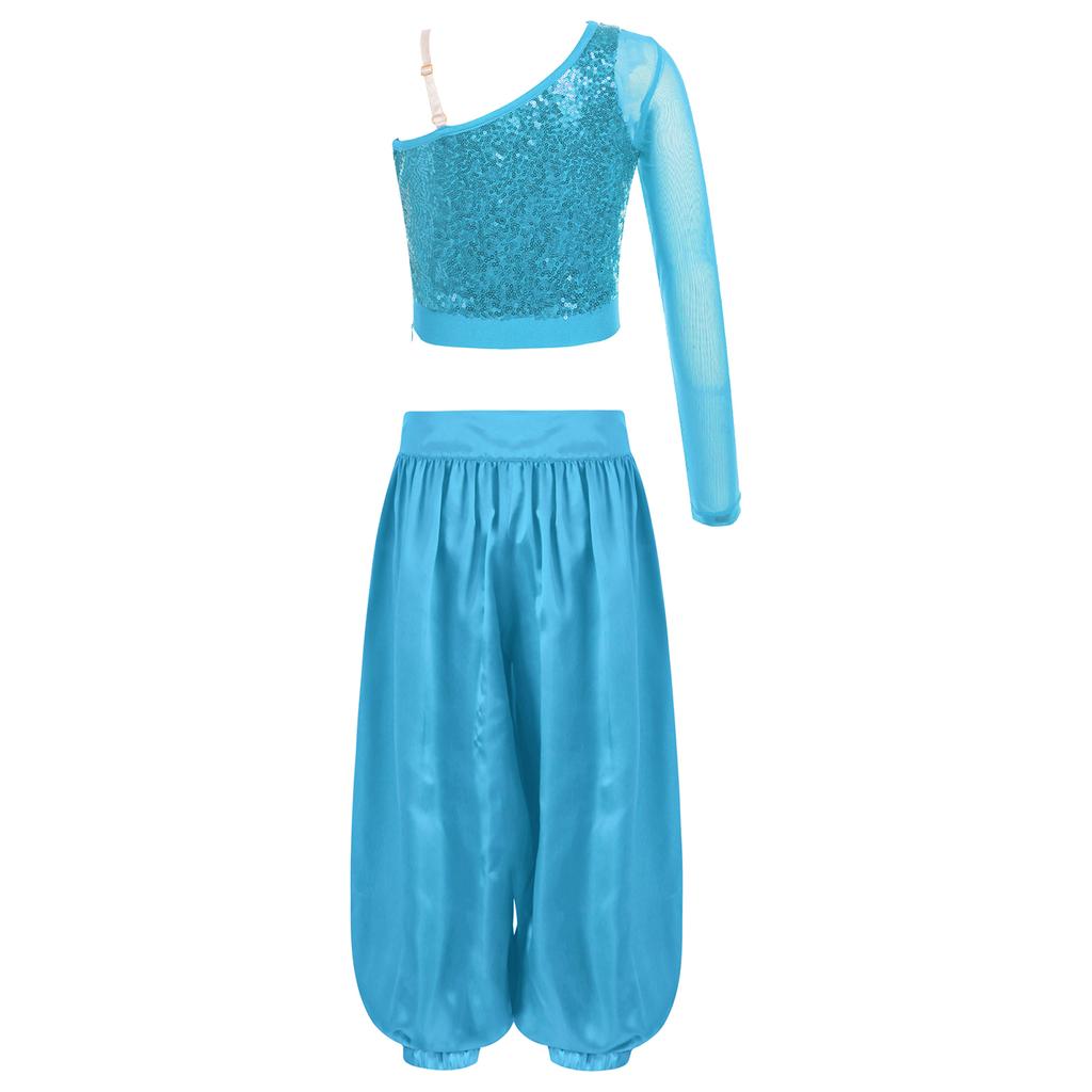 Completo da Danza del Ventre per Ragazze Rete Manica Lunga Monospalla Lucido Paillettes Crop Top Pantaloni Bloomers Satinati Gamba Larga
