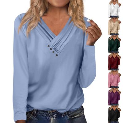 Women's Shirts Dressy Casual Sexy Fashion Pleated V Neck T-Shirts Button-down Fashion Clothing Tunics T-Shirts Pullovers