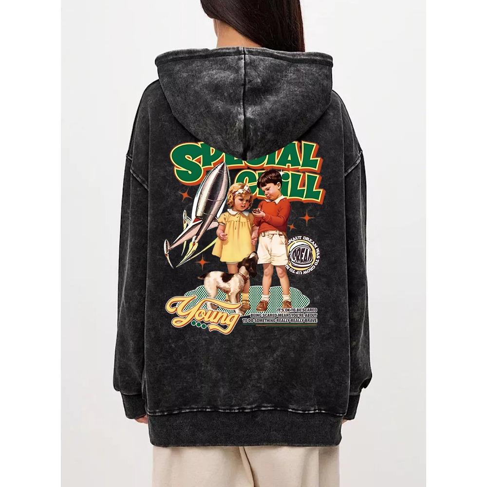 Cotton Womans Acid Wash Hoodies American Retro Comics Printing Streetwear Oversize Pocket Warm Pullovers Autumn Clothes