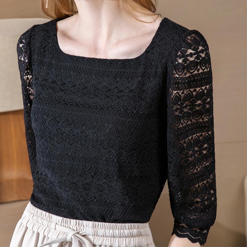 Lace Bottom Shirt for Women Straight Neckline Hollow Out Blouse Sexy Three Quarter Sleeve T-shirt