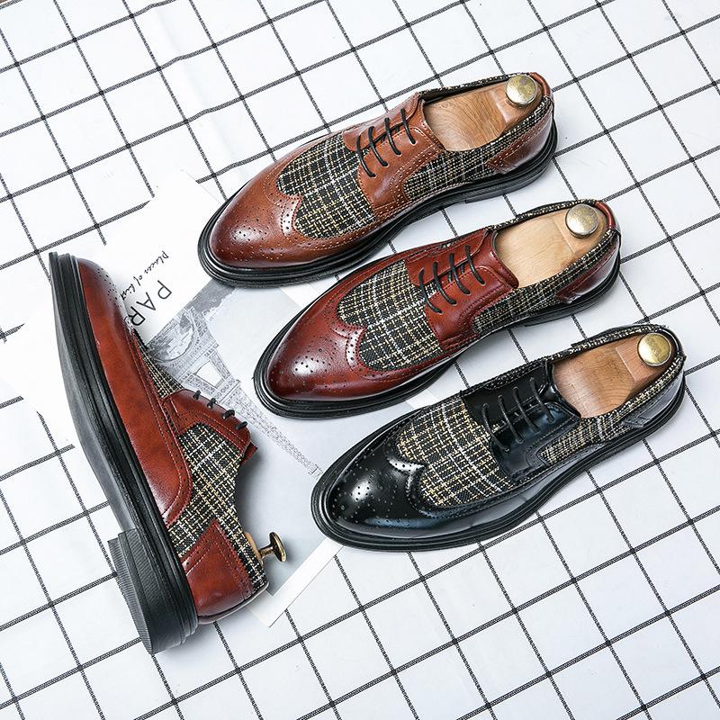 Men's Shoes Brock British Style Leather Shoes Business Casual Shoes Fashion Retro Color Matching Engraved Pointed Leather Shoes Men