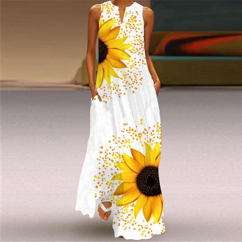 Abito da donna senza maniche con scollo a V Abito estivo ampio con stampa casual Abito lungo da spiaggia