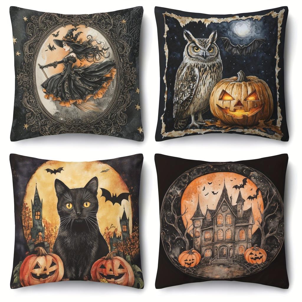 Halloween Themed Pillowcases: Witch, Owl, Black Cat & Haunted House Designs for Spooky Decor Sofa Cushion Cover