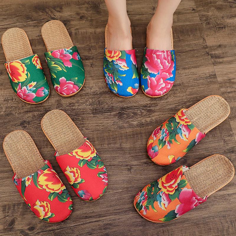 Women's Ethnic Peony Print Linen Half Slippers - Large Size
