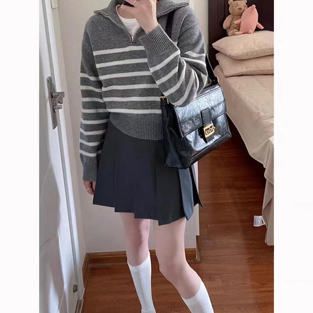 Autumn and Winter Wear Retro Striped Knitted Sweater Women Contrasting Color Half Zipper Lapel Pullover Sweater Women Casual Lazy