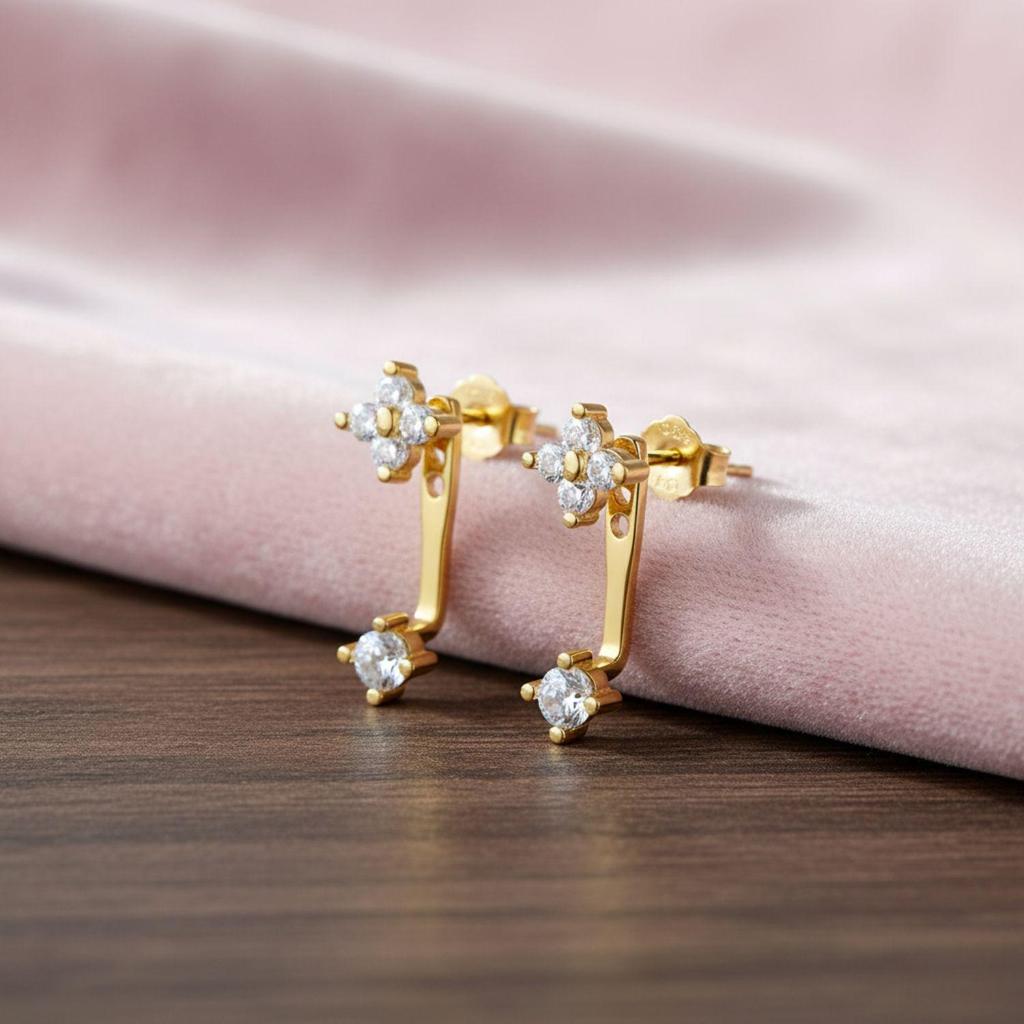 Doppelblumen Jacken-Hängeohrringe - Sterlingsilber Gelbvergoldet