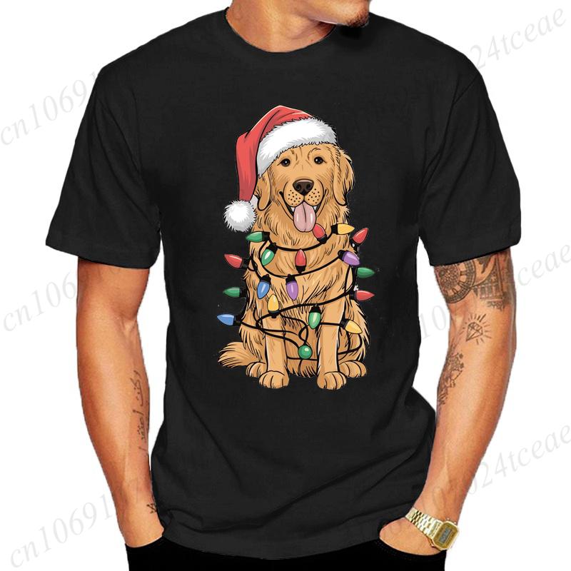 New Mens TShirts Christmas Golden Retriever Print TShirts Round Neck Short Sleeve Casual Tshirt Happy New Year Dog Shirts