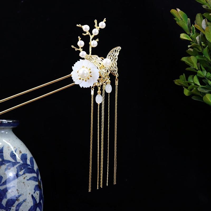 Handmade Retro Fairy Long Fringed Hairpin, Step Hairpin, Women's Ancient Costume Disc Hair Hairpin, Ancient Hanfu Headgear Accessories