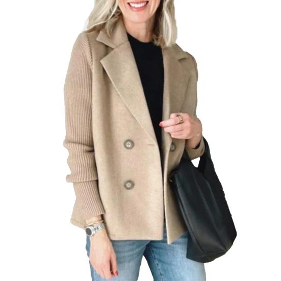 Dámský vlněný dvouřadý kabát s klopami, žebrovaný úplet, dlouhý rukáv, krátké sako, podzimní svrchní kabát