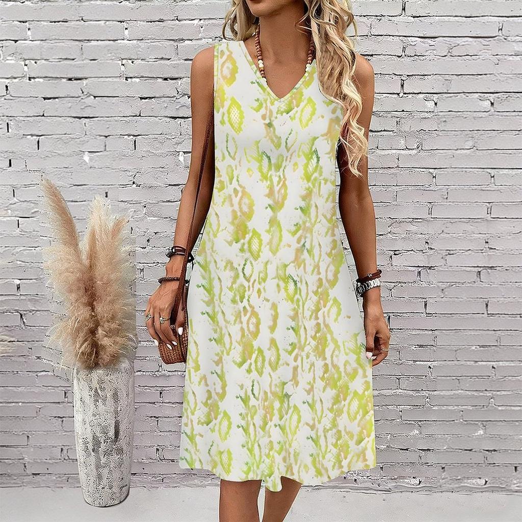 Plus Size V Neck Sleeveless Dress Ink Mountain Stream Print For Water Town Sightseeing