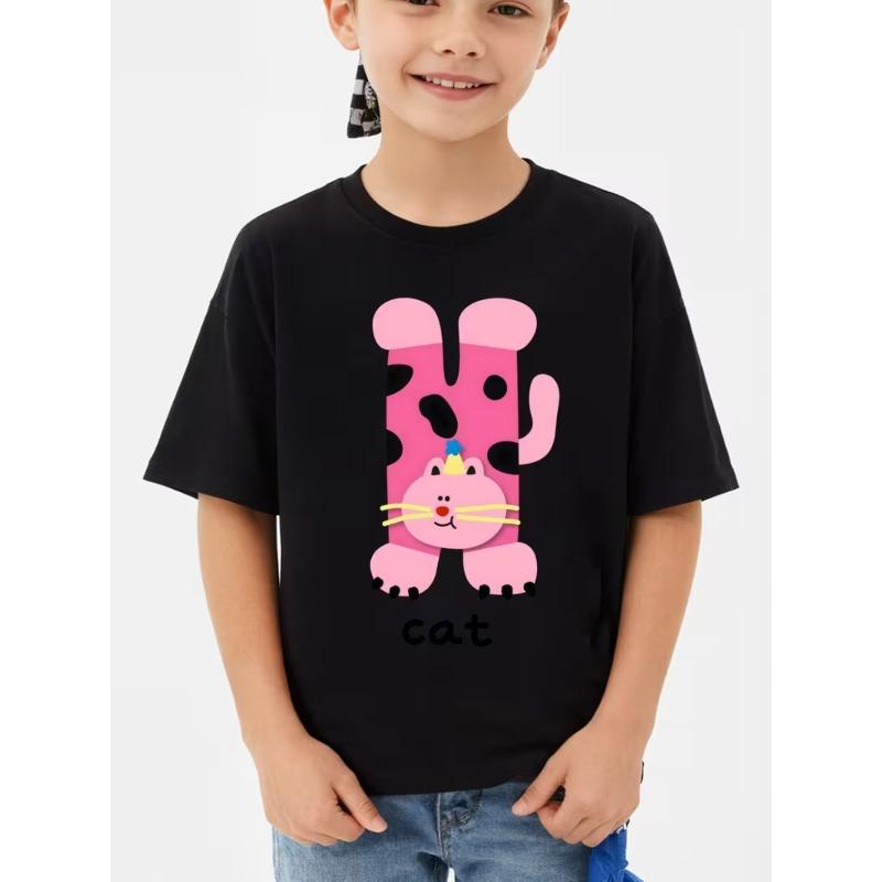 

European sizes Boys Short Sleeve T-Shirt with Adorable Upright Kitten & Tabby Cat Paw Prints - Summer Casual Round Neck Tee 98cm чёрный