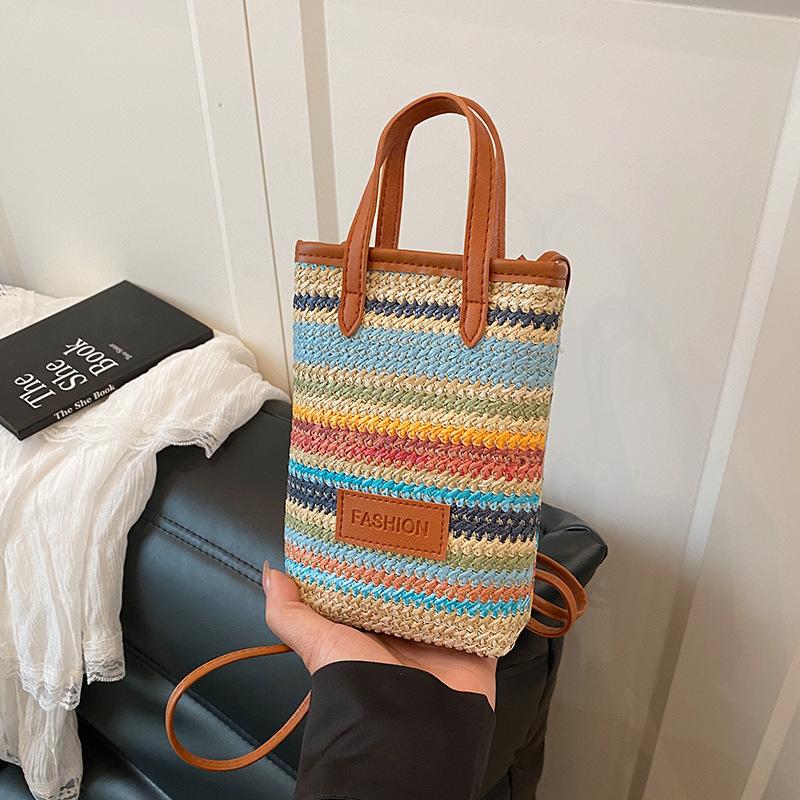Korean version of the color striped new 2025 girls spring and summer trend fashion woven bag shoulder crossbody mobile phone bag