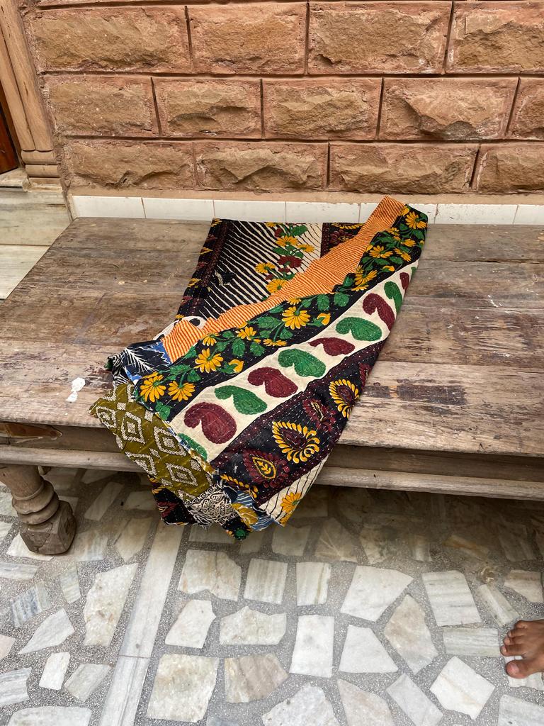 Handmade Kantha Quilt: Floral & Striped Bohemian Bedspread