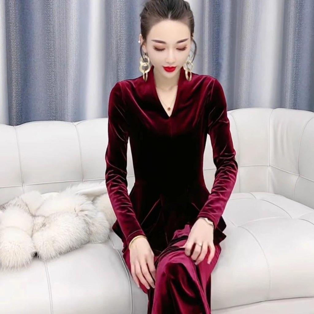 Golden Velvet Women's Fishtail Dress Set - Autumn/Winter Slimming Two-Piece
