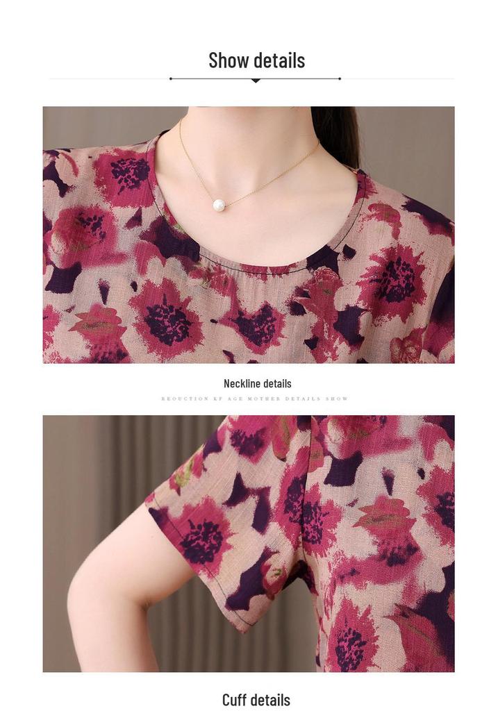 Mother's Summer Two-piece Cotton Silk Pajama Set - Short Sleeve for Women, Wear Indoors or Outside