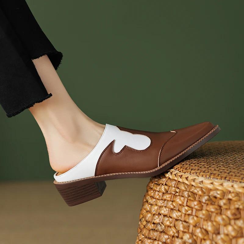 Fashion 2025 Summer Women Shoes Genuine Leather Shoes for Women Covered Toe Chunky Heel Mules Slingback Women Sandals Handmade Slippers