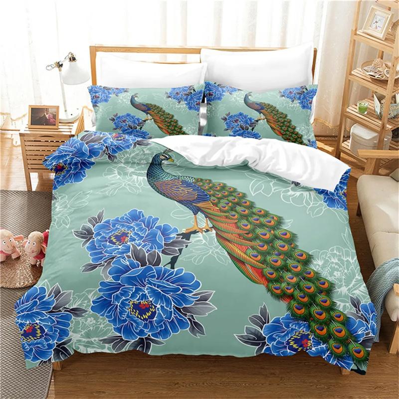 Luksusowy biało-złoty poszwa na kołdrę z pawiem, kwiatowy chiński styl, poszwa na kołdrę z piór pawia, poliester do dekoracji sypialni, dla kobiet