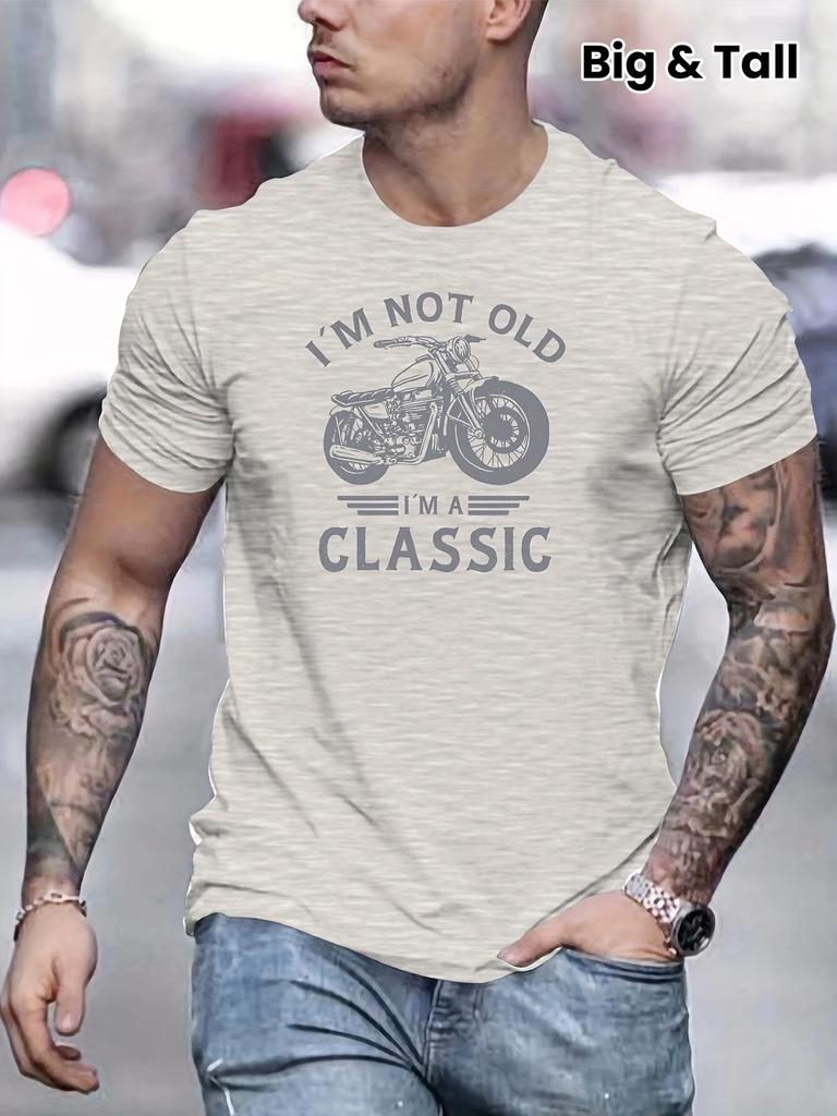 Summer Casual Men's Retro Motorcycle Pattern "I'm Not Old, I'm Classic" Printed Short Sleeved Round Neck T-shirt, Father's Day G