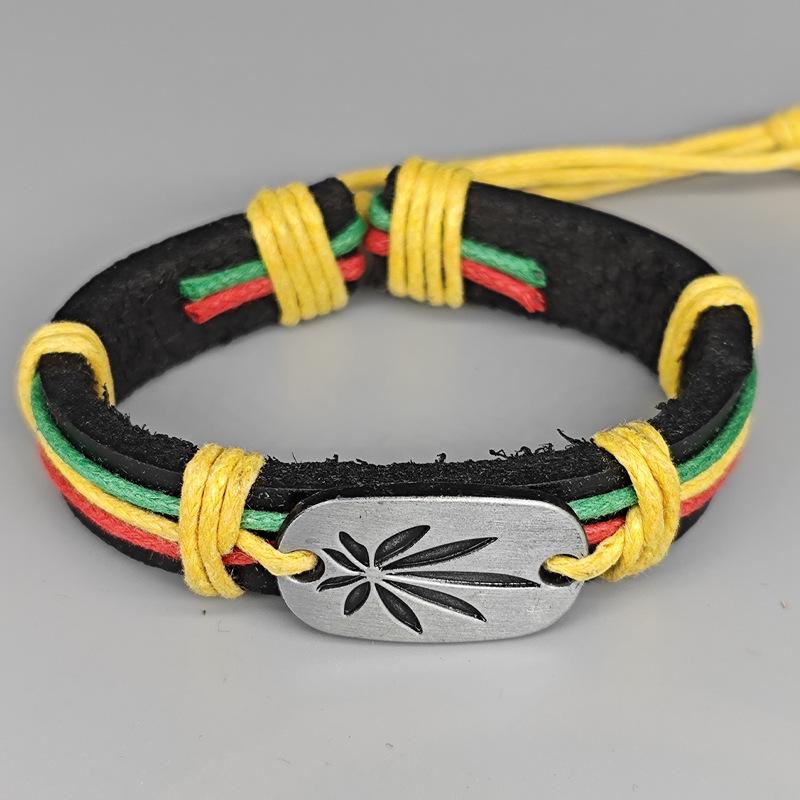 

Ямайский красно-желто-зеленый кожаный браслет - Хип-хоп уличные танцы колор-блок мужской