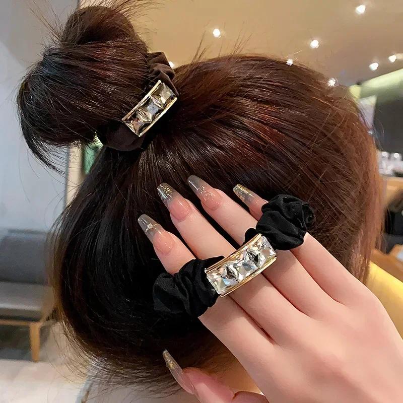 Woman Korean Fashion Elastic Large Rhinestone Hair Ties Hairbands Shiny Diamond Luster Ponytail for Girls Hair Bands Headwear