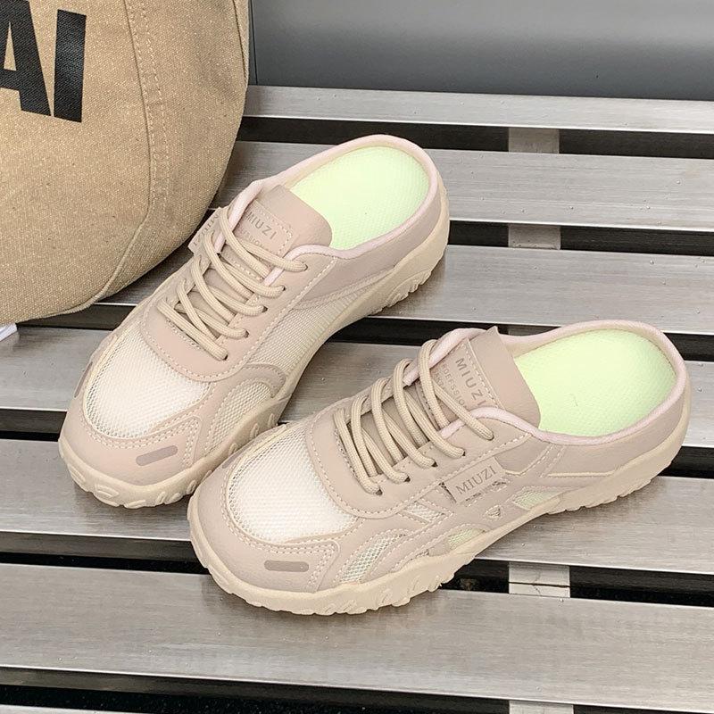 

One pedal pregnant woman bag head half slippers women s outer wear 2025 summer new single mesh breathable non-slip casual sports shoes 40 бежевый
