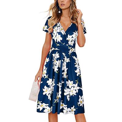 Women's New Summer Printed V-Neck Design Temperament Mid Length Dress