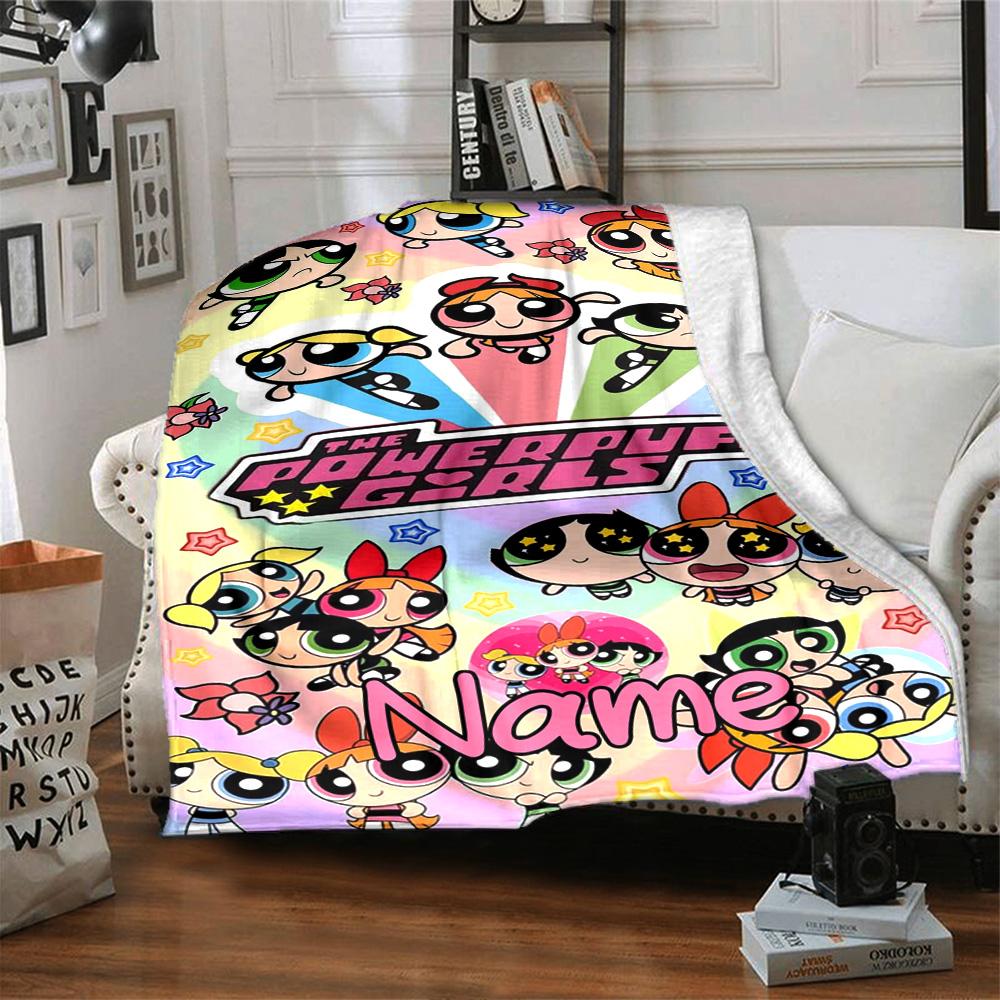 Custom Name Powerpuff Girls Adventure Flannel Blanket for Super Soft Cute Comfort Blanket for Travel Bedding Couch Sofa Blanket