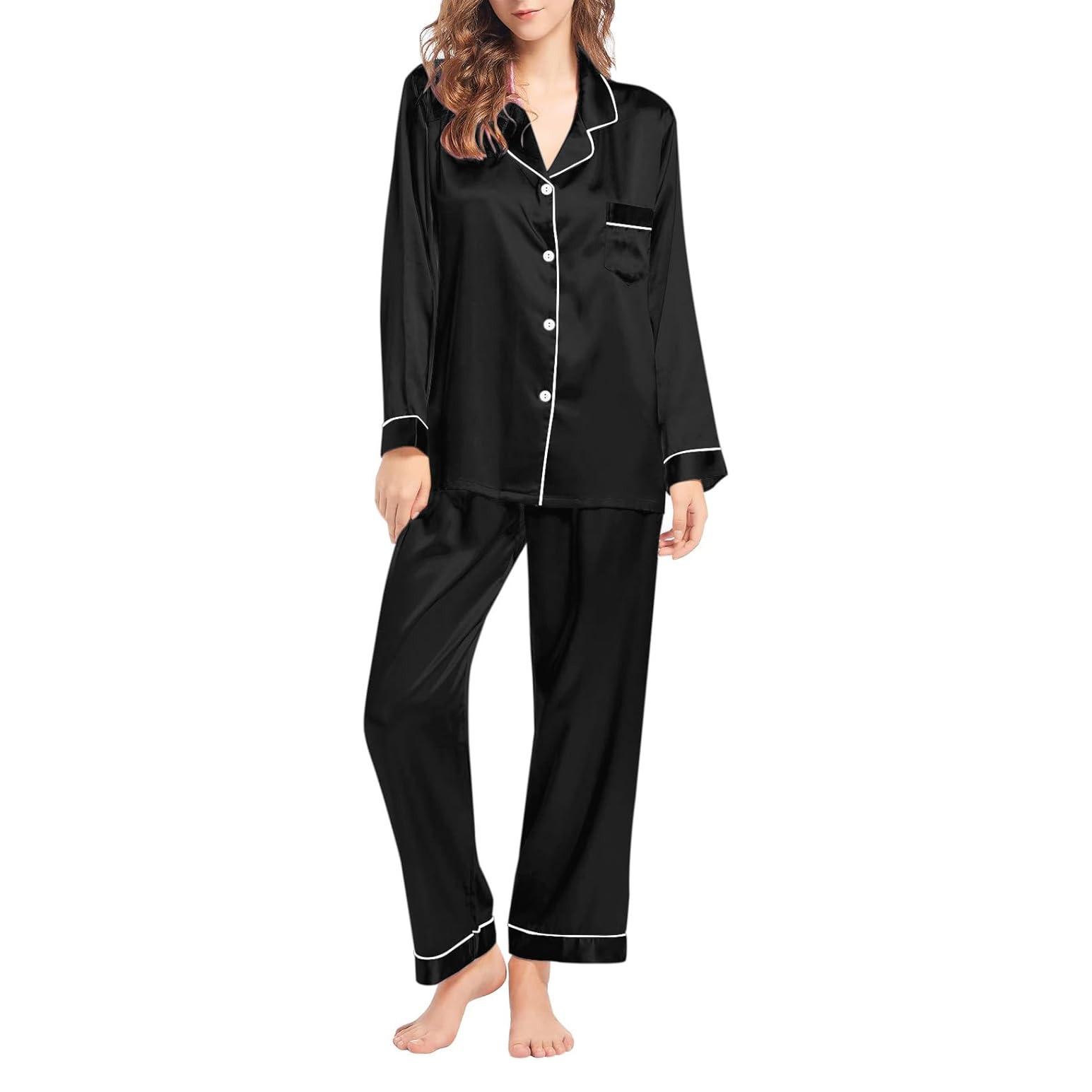 

Женский пижамный комплект на пуговицах из атласного шелка, комплекты пижам с длинным рукавом и V-образным вырезом, домашняя одежда для сна 2XL чёрный