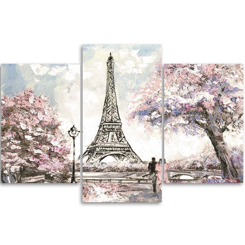 Třídílný obraz na plátně Růžová Pařížská Eiffelova věž jako malovaná