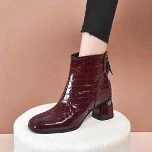 Chelsea boots patent leather women's shoes spring and autumn soft leather square head short boots women's thick heel medium heel Martin boots