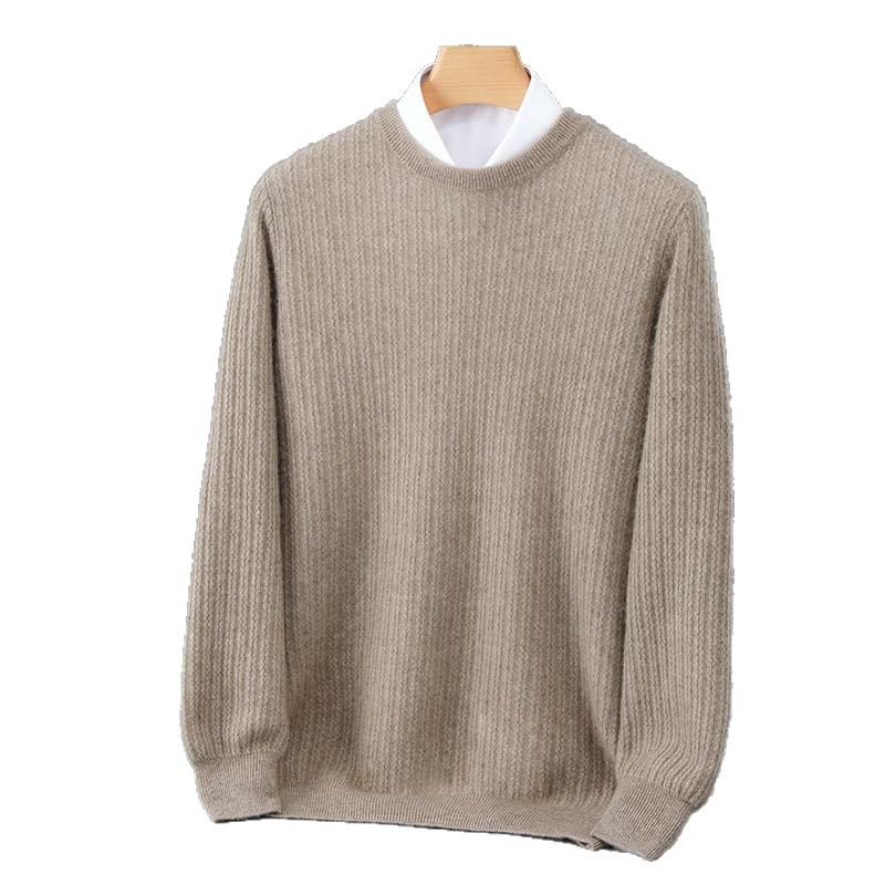 Men's Casual Round Neck Jacquard Wool Sweater - Loose Fit Pullover