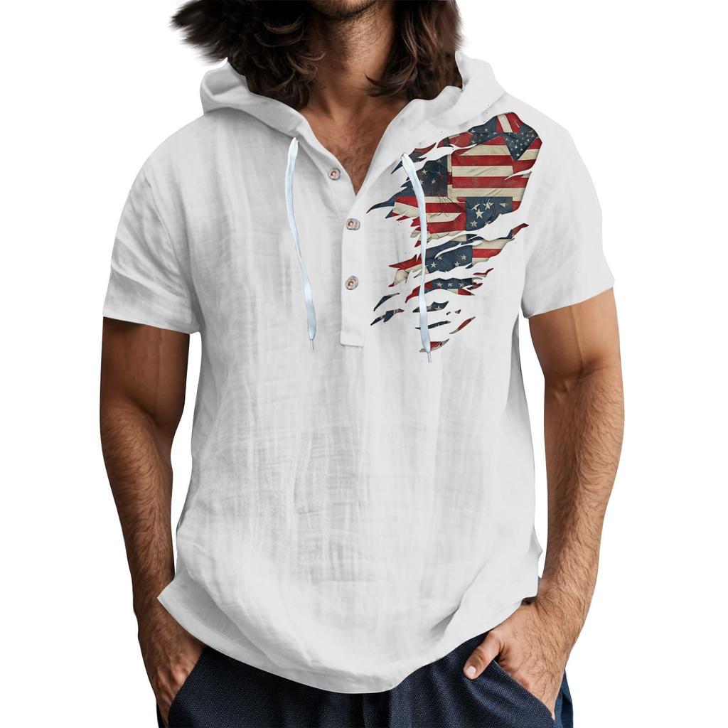 Men'S Casual Short Sleeved Hooded Top Buttoned Open Neck T-Shirt