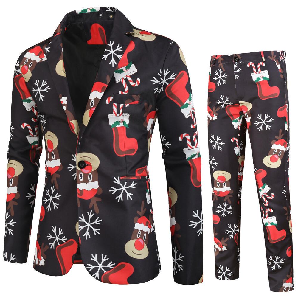Print Suits Fashion Merry Christmas Men's Suits Jackets Casual Suit 2 Piece Suits(Blazers + Pants) Christmas Gift Set Men's Christmas Print Set Party