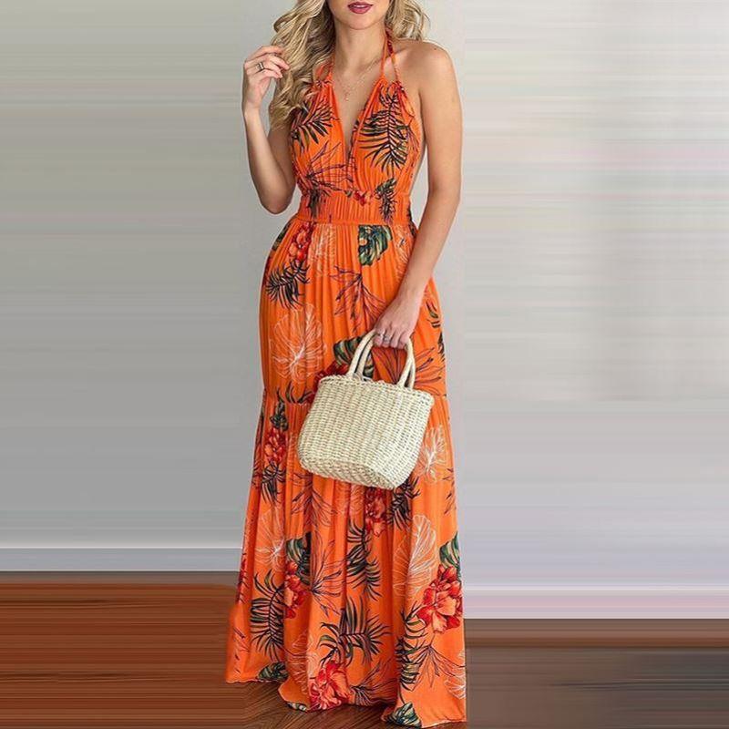 European and American-Style Printed Backless Maxi Dress