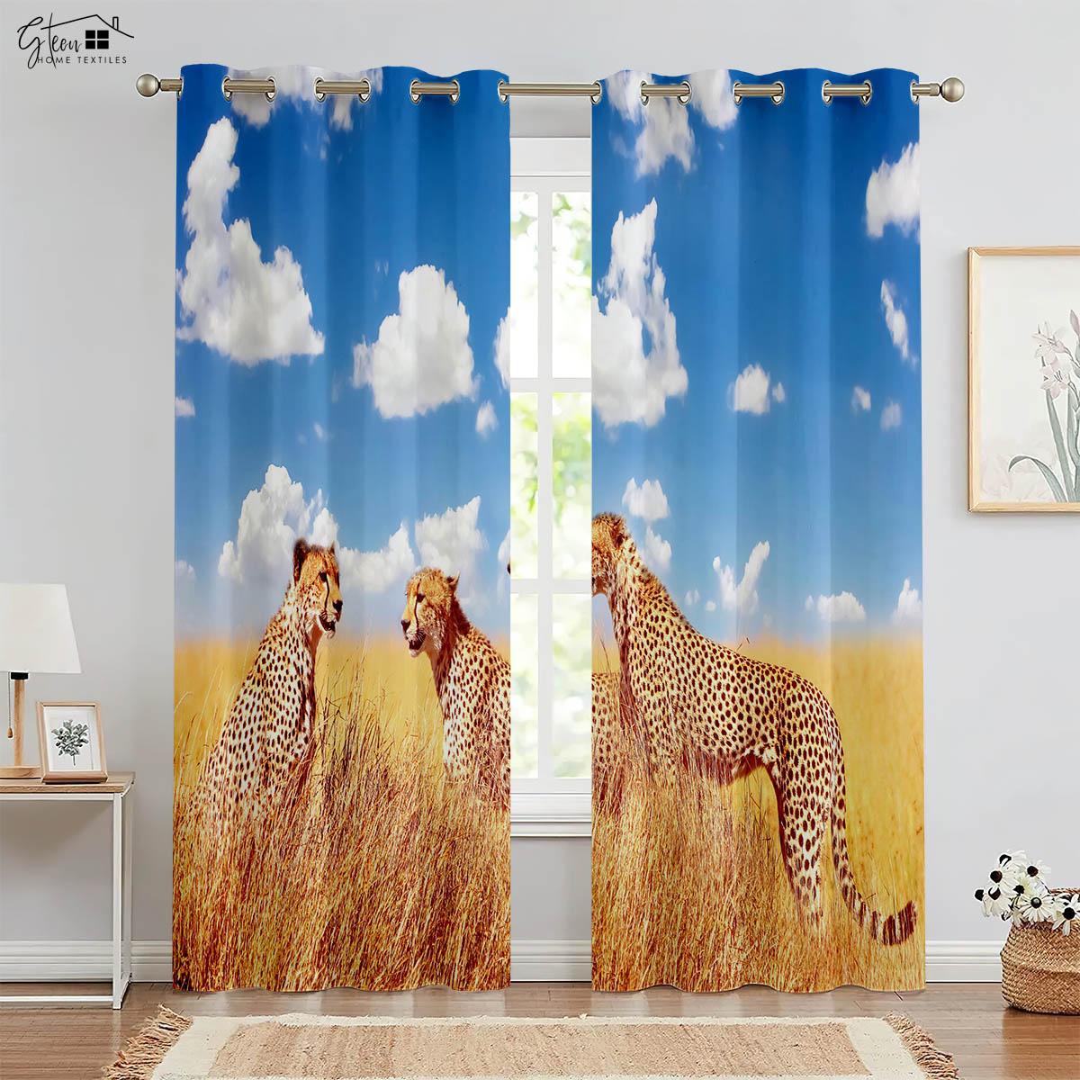 

Animal Lion Printed Drapes Grass River Adorable Hand - Painted Boys Ins Bedchamber Livingroom Space Children sSpaceDecorativeDrapes W100xH130(CM) folio&Grommet Top