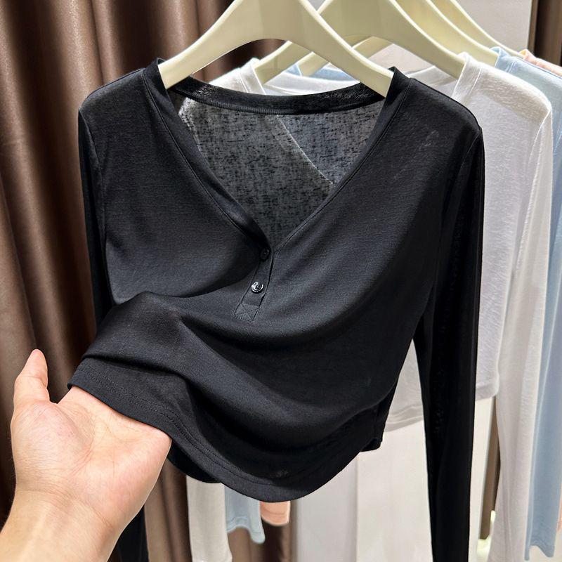 

Женский летний кардиган из ледяного шелка, топ с V-образным вырезом - тонкий хлопок-снежинка, длинный рукав, стиль чистой страсти L (50-57.5kg) чёрный