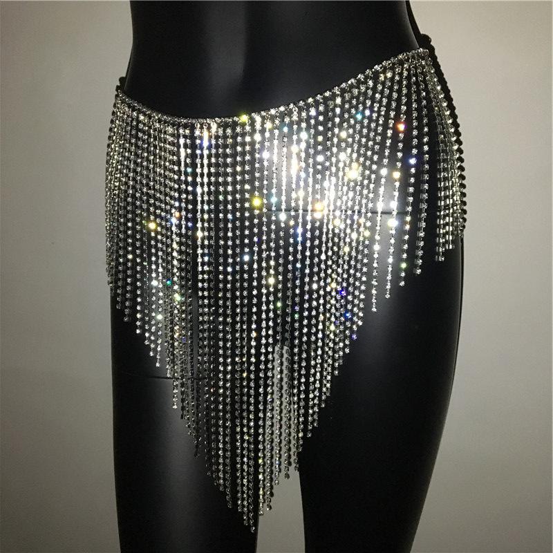 Drop Shipping Crystal Cami Belly Waist Chain Metallic Fringe Skirt Rhinestone Encrusted Dangle Belly Chain
